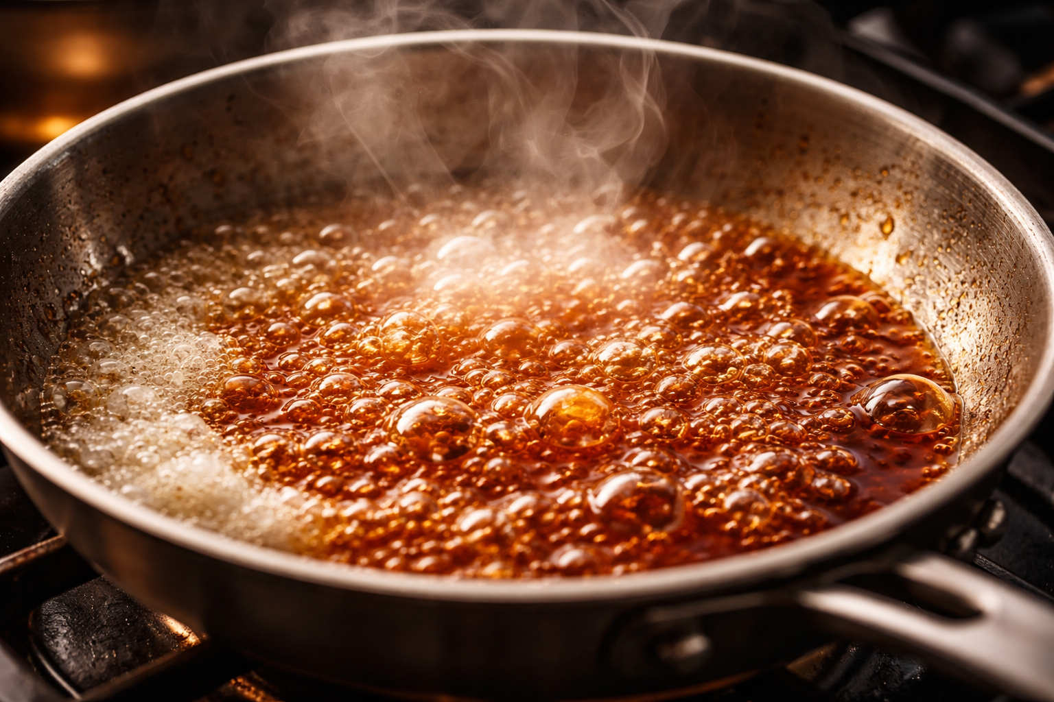 Tencerede karamelleşen şeker ve altın rengi karamel